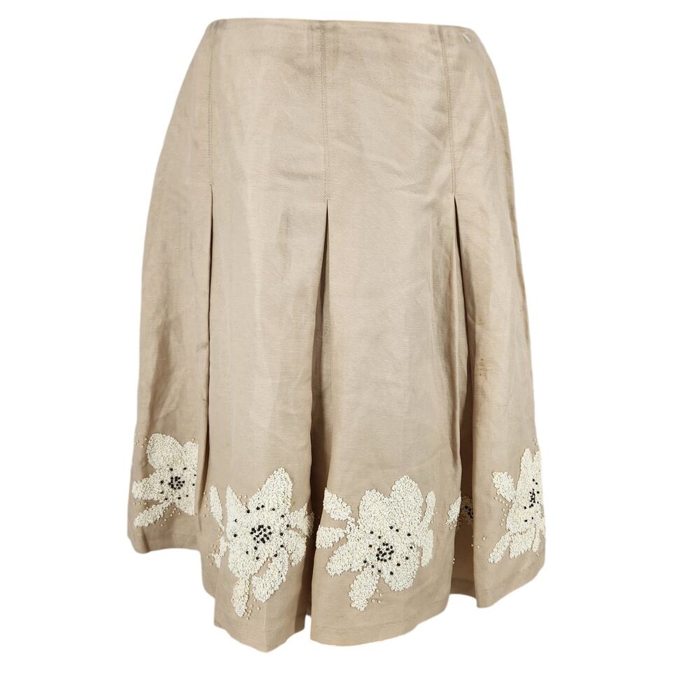 Dana Buchman Linen and Silk Skirt Beaded Flowers at Hem